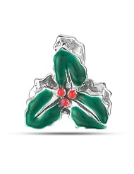Green And Red Enamel Holly Leaves Bead In Sterling Silver