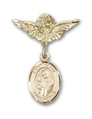 14K Gold Baby Badge with St. Clare of Assisi Charm and Angel with Wings Badge Pin