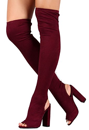 So Me Kristy Thigh High Over Knee Stretchy Suede Open Toe Block Chunky Heel Boot Wine