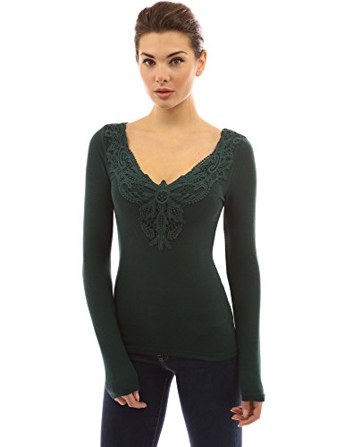 PattyBoutik Women's V Neck Crochet Lace Inset Long Sleeve Blouse