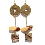 Marble Earrings 01 Dangle Rainforest Coin Chinese Wood Bead Crystal Healing Gemstone Brown 3.8