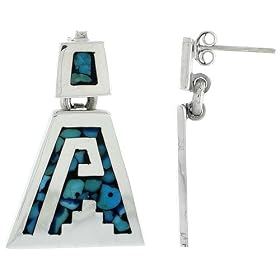 Sterling Silver Aztec Design Earrings, w  Turquoise Chip Inlay, 1 5 16 (33mm) by 4