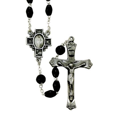 5mm Black Coco Rosary Beads on 27 1/2″ Rosary Necklace with Fine Pewter Crucifix and Center. The Neck Chain Size is 24″ Length.