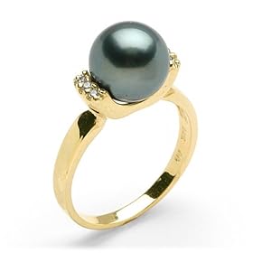 Tahitian Black Pearl Ring with Diamond in 14K Yellow Gold by Maui Divers of Hawaii