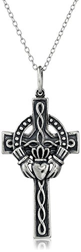 Rhodium-plated sterling silver oxidized celtic claddagh…