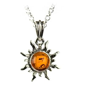 Certified Genuine Honey Amber and Sterling Silver Flaming Sun Pendant, 18"