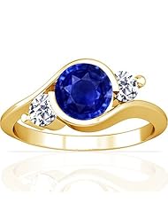 18K Yellow Gold Round Cut Blue Sapphire Three Stone Ring