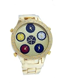 Geneva Elite #2807G Men's Jumbo 5 Time Zone Iced Out Watch