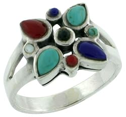 5/8" (16mm) wide Sterling Silver Ring with Multi Color Synthetic Stones