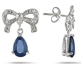3 Carat Pear Shape Created Sapphire and Diamond Ribbon Drop Earrings in .925 Sterling Silver