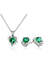 Sterling Silver Heart Shape Simulated Emerald with Round Created White Sapphire Pendant Necklace and Earrings Heart Box Jewelry Set