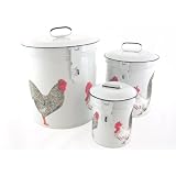 French Country Canister Set ~ Kitchen Storage Canisters ~ Decorative Containers ~ White Retro Enamel with Vintage French Roosters