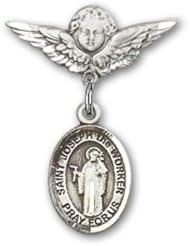 Sterling Silver Baby Badge with St. Joseph the Worker Charm and Angel with Wings Badge Pin