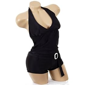 Classic Elegant Style 2 pc Bathing Suit Solid Black Halter Tankini with Boyshorts Swimsuit Set