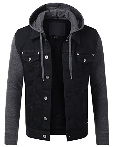 URBANCREWS Mens Hipster Hip Hop Button Down Long Sleeve Hooded Denim Jacket