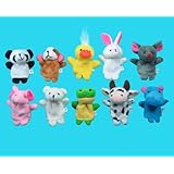 Qiyun 10 Pc Soft Plush Animal Finger Puppet Set includes Elephant, Panda, Duck, Rabbit, Frog, Mouse, Cow, Bear, Dog, Hippo