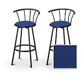 2 Blue Vinyl Black Swivel Barstools with Backs