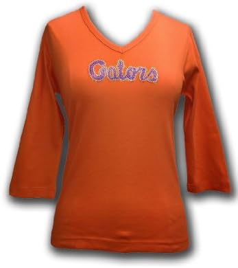 NCAA Florida Gators Women's V-Neck 3/4 Sleeve Knit Pullover T-Shirt with Rhinestone Embellished Gators Script, Orange, Medium