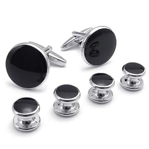 KONOV Men's Classic Round Tuxedo Cufflinks and Studs Set, with Black Center and Silver Color Edge (with Gift Bag)