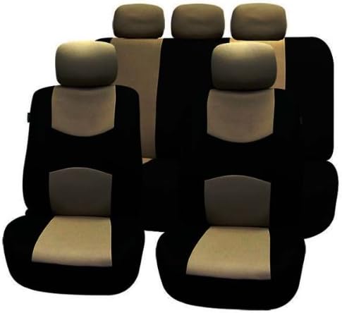 CAR SEAT COVER SET 9PCS SET BLACK-TAN-BEIGE FOR 2-ROWS WITH FRONT AIR BAG COMPATIBLE REAR SPLIT BENCH