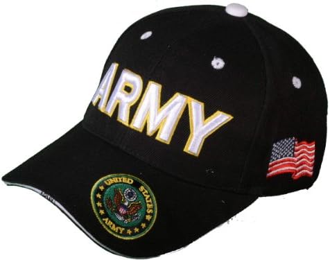 U.S. Army PREMIUM Baseball Cap, BLACK Hat with Army Seal on Bill, Black, Yellow and White Embroidered Raised Lettering, Army Logo Fits Most Men and Women