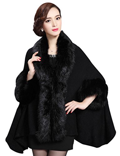 Aphratti Women s Winter Shawl Cloak Cape Coat with Warm Faux Fur One Size Black