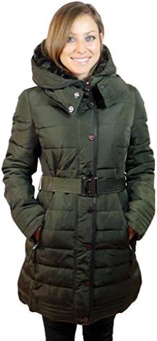 Ellabee Women's Junior Fit Belted Coat with Soft Fiber Lined Hood - Dark Green L