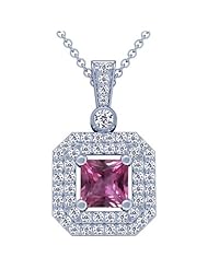 18K White Gold Princess Cut Pink Sapphire And Round Diamond Pendant
