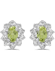 10k White Gold Oval Peridot And Diamond Earrings