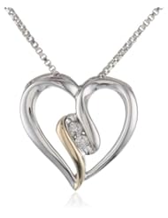 S&G Sterling Silver and 14K Yellow Gold Diamond Heart Bypass Pendant Necklace, 18"