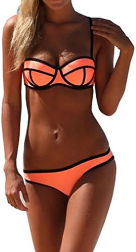 HelloTom Push up Bright Diving Suit Material-neoprene Bikini Set Swimsuit Swimwear (L, Orange)