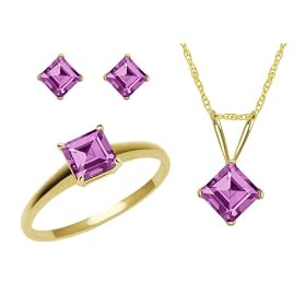 10k Yellow Gold, February Birthstone, Amethyst Ring, Pendant and Earrings Set,... by