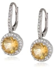 Round Citrine Halo Leverback Earrings