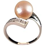 Twilight Reunion Peach Pink Cultured Pearl Cubic Zirconia Platinum Overlay Sterling Silver Ring