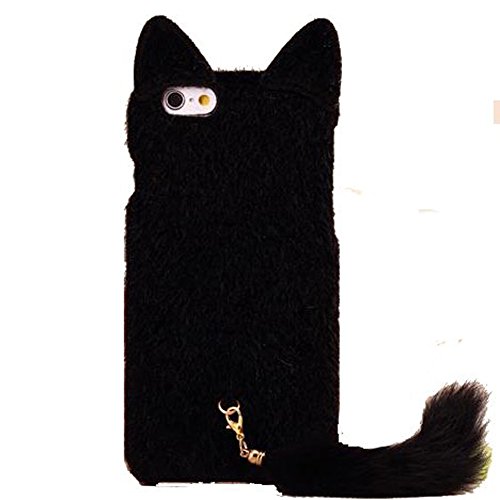 iPhone 6 Plus Case,DELELE Fashion Cute 3D Cat Shaped Ear Fluffy Plush Fur Soft TPU Case with Soft Tail for iPhone 6 Plus 5.5 inch (Black)