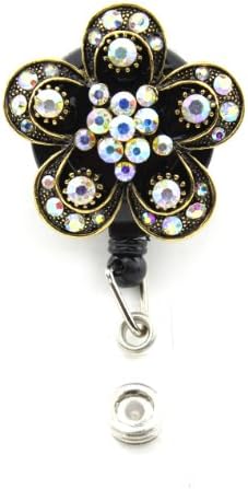 Gold Flower ID Badge Holder w/ Retractable Pull Reel & Rhinestones Iridescent
