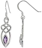 Sterling Silver Celtic Fish Hook Dangle Earrings, w/ Marquise Cut Natural Amethyst Stone, 1 3/16" (30mm) tall