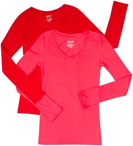2 Pack Active Basic Women's Basic Long Sleeve V-Neck Tee Med Red, H Pink