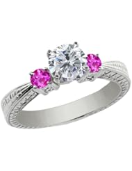 1.26 Ct Round H/I Diamond Pink Sapphire 925 Sterling Silver 3-Stone Ring