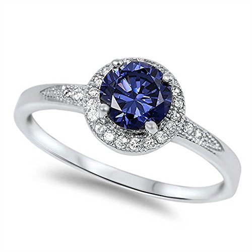 Halo Solitaire Simulated Tanzanite Promise Engagement Ring .925 Sterling Silver Ring Sizes 4-13