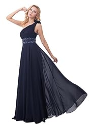 A-line One Shoulder Floor Length Lace  Chiffon Natural   Waistline Prom Dress  With Rhinestones