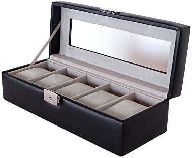 On-time Collection Black Leather Watch Box with 5 Separate Velvet Slots and Display Glass (Black)