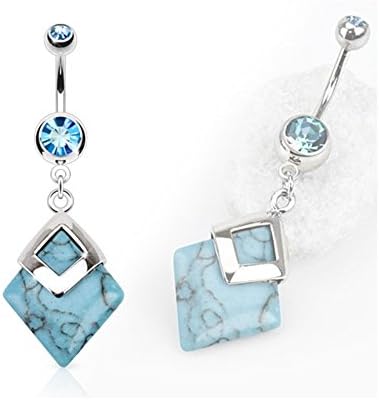 Diamond Shaped Semi Precious Stone Mounted Surgical Steel Navel Ring - Turquoise