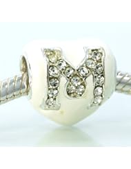 .925 Sterling Silver " Letter M in Swarovski Elements on White Heart " Charm Bead Compatible with Pandora Chamilia Kay Troll Bracelet