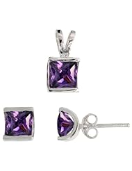 Sterling Silver Square-shaped Stud Earrings (7mm) & Pendant (12mm tall) Set, w/ Princess Cut Amethyst-colored CZ Stones