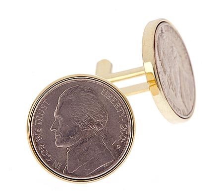 Gold plated Jefferson Nickel cufflinks with presentation box. Made in the U.S.A