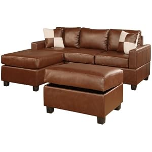 Bobkona Jr. Soft-touch 3-pcs Sectional Set (Sofa, Loveset and Ottoman with Storage) Bounded Leather Match in Brown Color - F7335
