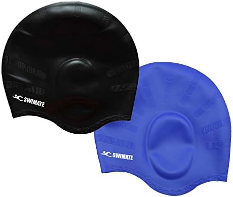 [2 PACK]Swimate Silicone Swim Cap with Comfort Ear Pockets-Unisex for Men and Women Including Long Hair Swimmers (Black-Blue)