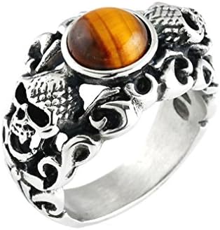 Mikiy Men's Fashion Punk Style Double Skull with Yellowish-brown Agate Titanium Steel Ring(with Gift Box/Bag)(10)