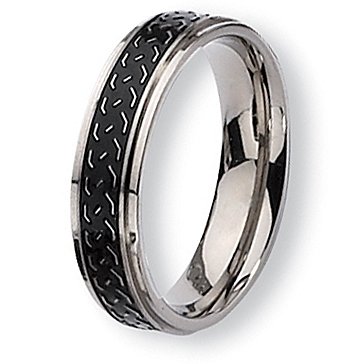 Black Enamel Ridged Edge Polished Titanium Ring (6.0 mm) - Sizes 6-13